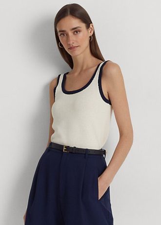 Suéteres sin mangas Ralph Lauren de mezcla de algodón bicolor para mujer, color crema/azul marino