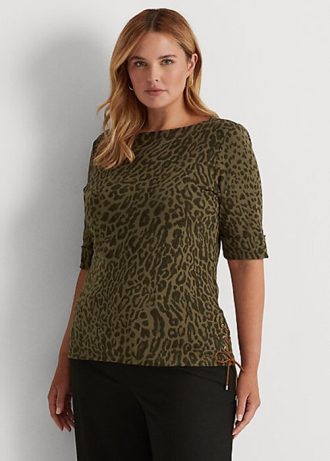 Tops de cuello barco de algodón con estampado de ocelote de Ralph Lauren para mujer en color oliva