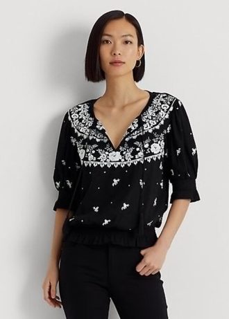 Tops de jersey bordado Ralph Lauren negros con cuello anudado para mujer
