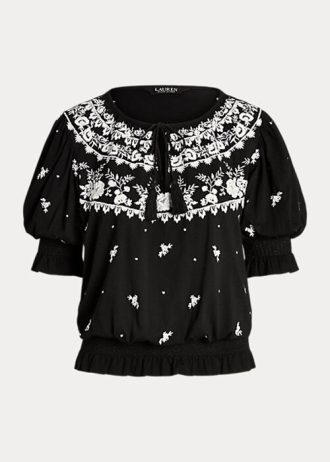 Tops de jersey bordado Ralph Lauren negros con cuello anudado para mujer