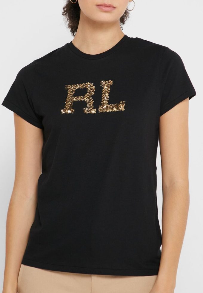 Tops gráficos de cuello redondo Ralph Lauren negros para mujer Tops gráficos de cuello redondo Ralph Lauren negros para mujer