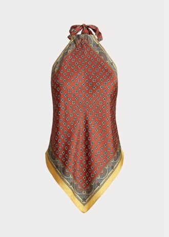Tops halter de seda morera con motivo de bufanda de Ralph Lauren para mujer en color marrón