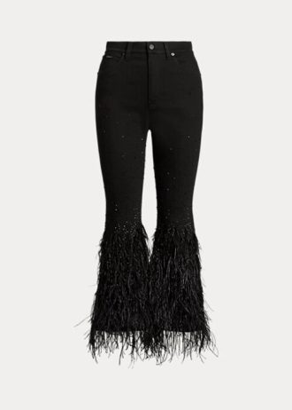Vaqueros acampanados de tiro alto con ribete de plumas y cuentas de Ralph Lauren para mujer en color negro