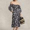 Vestido de lino con hombros descubiertos y estampado floral de Ralph Lauren para mujer, color negro y crema Vestido de lino con hombros descubiertos y estampado floral de Ralph Lauren para mujer, color negro y crema