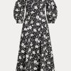 Vestido de lino con hombros descubiertos y estampado floral de Ralph Lauren para mujer, color negro y crema Vestido de lino con hombros descubiertos y estampado floral de Ralph Lauren para mujer, color negro y crema