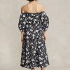 Vestido de lino con hombros descubiertos y estampado floral de Ralph Lauren para mujer, color negro y crema Vestido de lino con hombros descubiertos y estampado floral de Ralph Lauren para mujer, color negro y crema