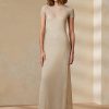 Vestido de noche de manga corta de malla Ralph Lauren en beige para mujer Vestido de noche de manga corta de malla Ralph Lauren en beige para mujer