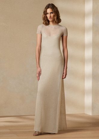 Vestido de noche de manga corta de malla Ralph Lauren en beige para mujer Vestido de noche de manga corta de malla Ralph Lauren en beige para mujer