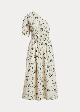 Vestido de popelina fruncido asimétrico con estampado floral de Ralph Lauren para mujer, negro/beige Vestido de popelina fruncido asimétrico con estampado floral de Ralph Lauren para mujer, negro/beige