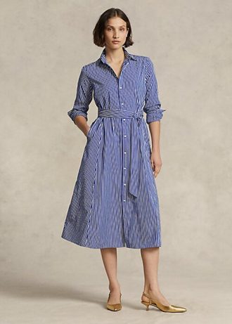 Vestido de rayas con cinturón Ralph Lauren para mujer, color azul marino y blanco