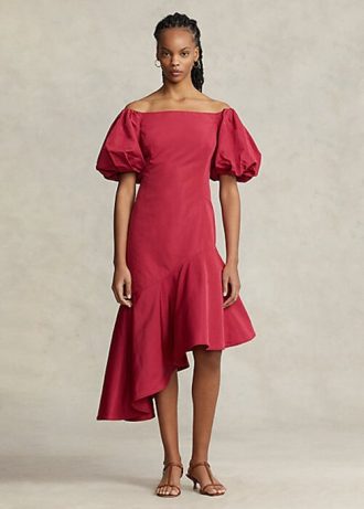 Vestido de tafetán asimétrico con volantes de Ralph Lauren para mujer, color rojo