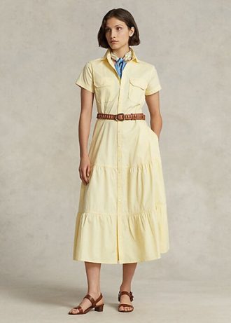Vestido Ralph Lauren amarillo con cinturón y capas para mujer