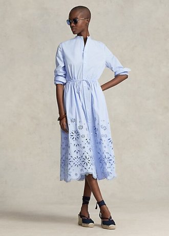 Vestido Ralph Lauren azul claro con bordado de ojales para mujer