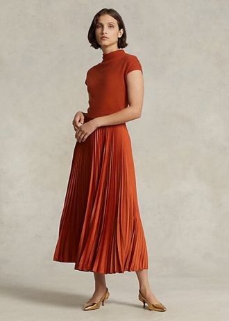 Vestido Ralph Lauren de cuello alto con pliegues híbridos en color naranja para mujer