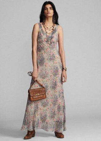 Vestido Ralph Lauren de gasa de seda arrugada con estampado floral multicolor/marrón para mujer