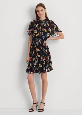 Vestido Ralph Lauren de georgette arrugado con estampado floral multicolor para mujer