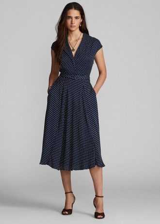 Vestido Ralph Lauren de georgette de seda con lunares en azul marino/crema para mujer