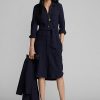 Vestido Ralph Lauren de lana y algodón con cinturón para mujer, color azul marino Vestido Ralph Lauren de lana y algodón con cinturón para mujer, color azul marino