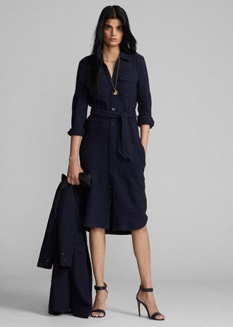 Vestido Ralph Lauren de lana y algodón con cinturón para mujer, color azul marino