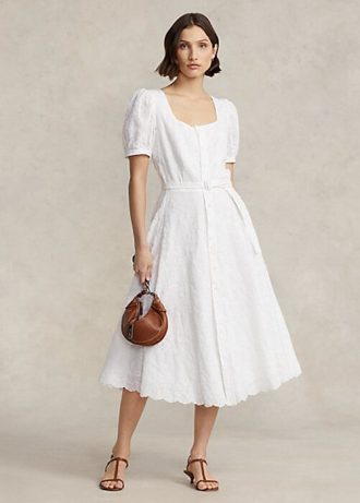 Vestido Ralph Lauren de lino blanco con bordado de ojales para mujer