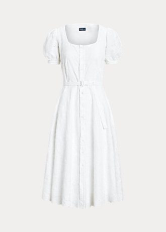 Vestido Ralph Lauren de lino blanco con bordado de ojales para mujer