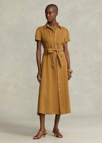 Vestido Ralph Lauren de lino con cinturón y manga corta para mujer, color marrón