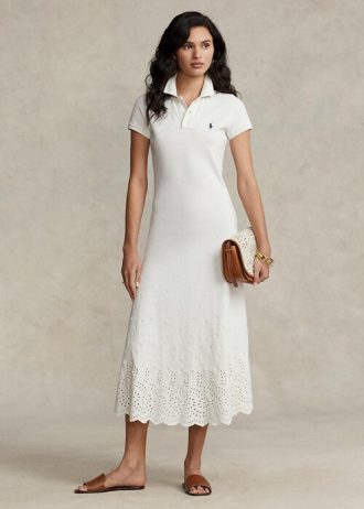 Vestido Ralph Lauren de malla de algodón elástico con ojales para mujer, color blanco