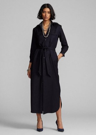 Vestido Ralph Lauren de mezcla de lana con cinturón para mujer, color azul marino