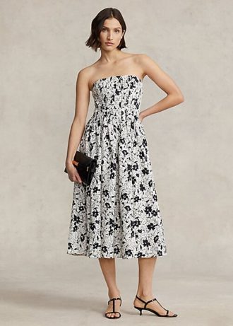 Vestido sin tirantes de lino floral Ralph Lauren para mujer, color negro y crema