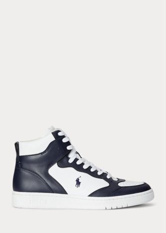Zapatillas altas de cuero Ralph Lauren Court para hombre, color azul marino y blanco