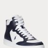 Zapatillas altas de cuero Ralph Lauren Court para hombre, color azul marino y blanco
