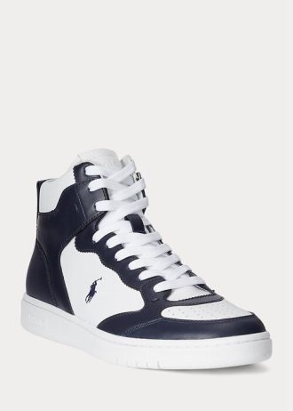 Zapatillas altas de cuero Ralph Lauren Court para hombre, color azul marino y blanco