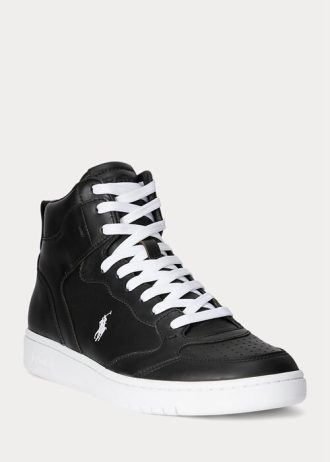 Zapatillas altas de cuero Ralph Lauren Court para hombre, color negro y blanco