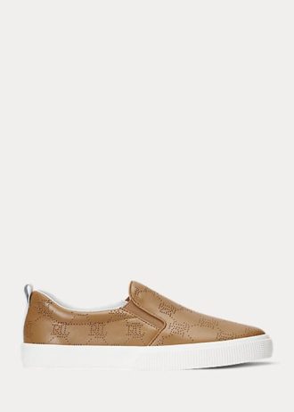 Zapatillas Ralph Lauren Haddley de piel marrón sin cordones con logotipo para mujer