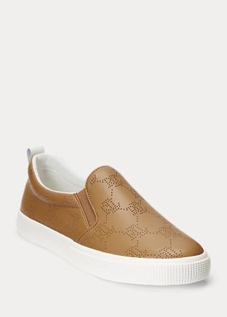 Zapatillas Ralph Lauren Haddley de piel marrón sin cordones con logotipo para mujer